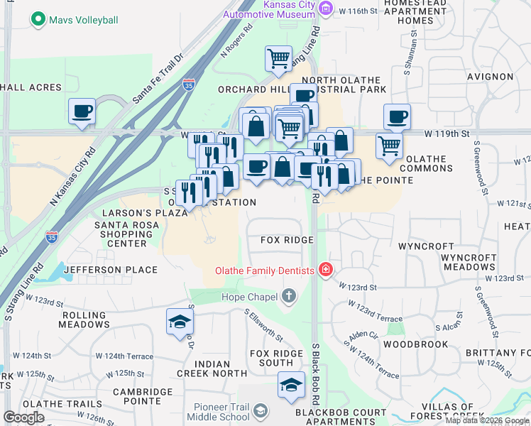 map of restaurants, bars, coffee shops, grocery stores, and more near 15307 West 121st Terrace in Olathe