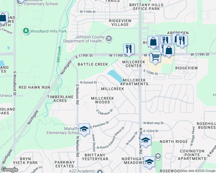 map of restaurants, bars, coffee shops, grocery stores, and more near 1658 North Sunset Drive in Olathe