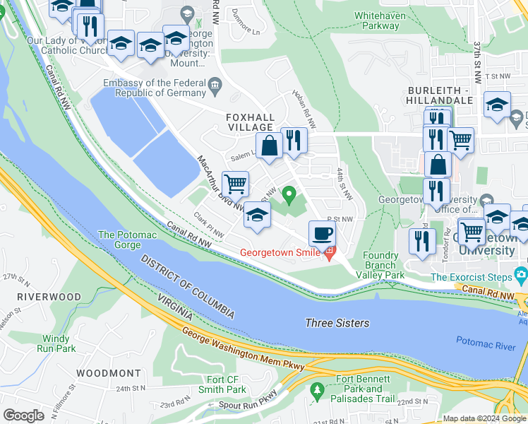 map of restaurants, bars, coffee shops, grocery stores, and more near 4527 MacArthur Boulevard Northwest in Washington