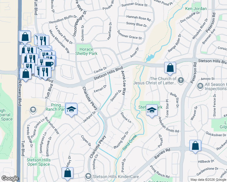 map of restaurants, bars, coffee shops, grocery stores, and more near 5925 Christa Court in Colorado Springs