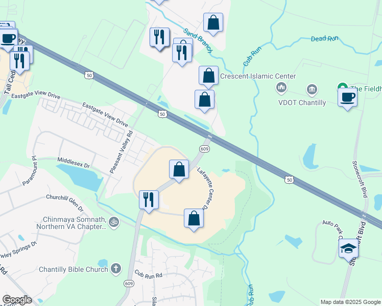 map of restaurants, bars, coffee shops, grocery stores, and more near 4040 Lafayette Center Drive in Chantilly