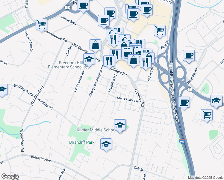 map of restaurants, bars, coffee shops, grocery stores, and more near 2022 Madrillon Springs Court in Vienna