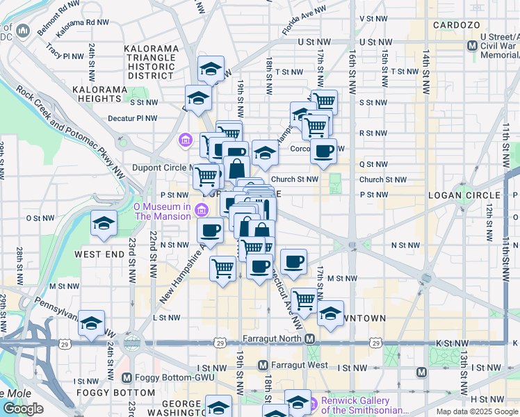 map of restaurants, bars, coffee shops, grocery stores, and more near 1800 Massachusetts Avenue Northwest in Washington
