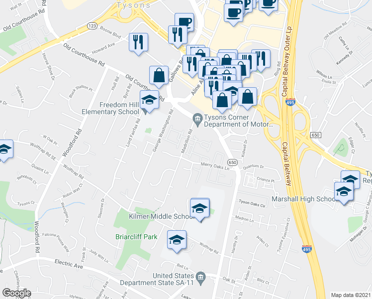 map of restaurants, bars, coffee shops, grocery stores, and more near 2022 Madrillon Springs Court in Vienna