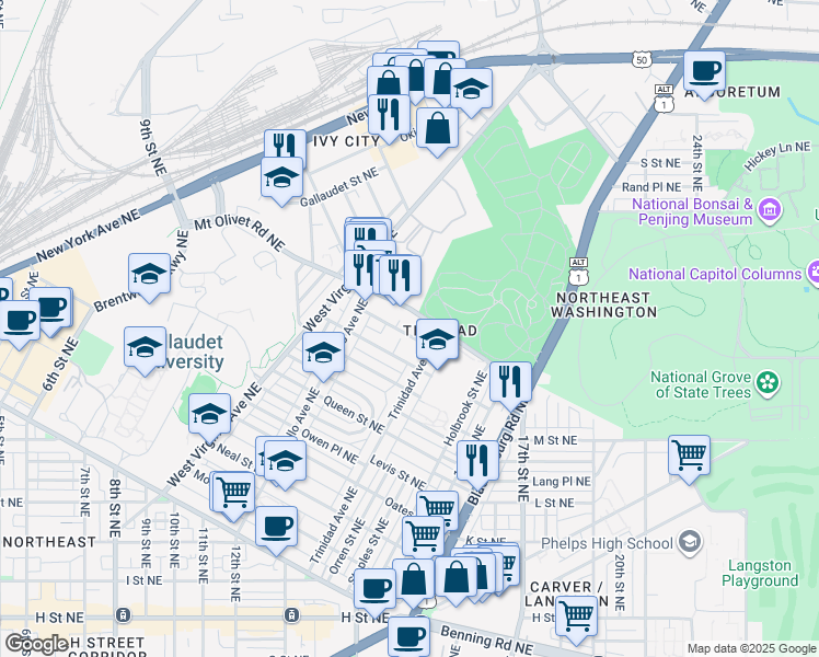 map of restaurants, bars, coffee shops, grocery stores, and more near 101 Independence Avenue Southeast in Washington