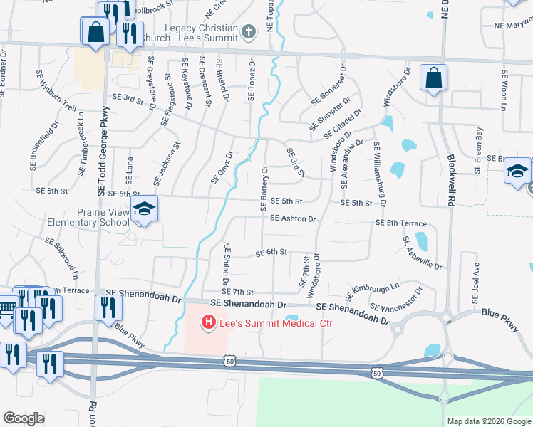map of restaurants, bars, coffee shops, grocery stores, and more near 448 Southeast Ashton Drive in Lee's Summit