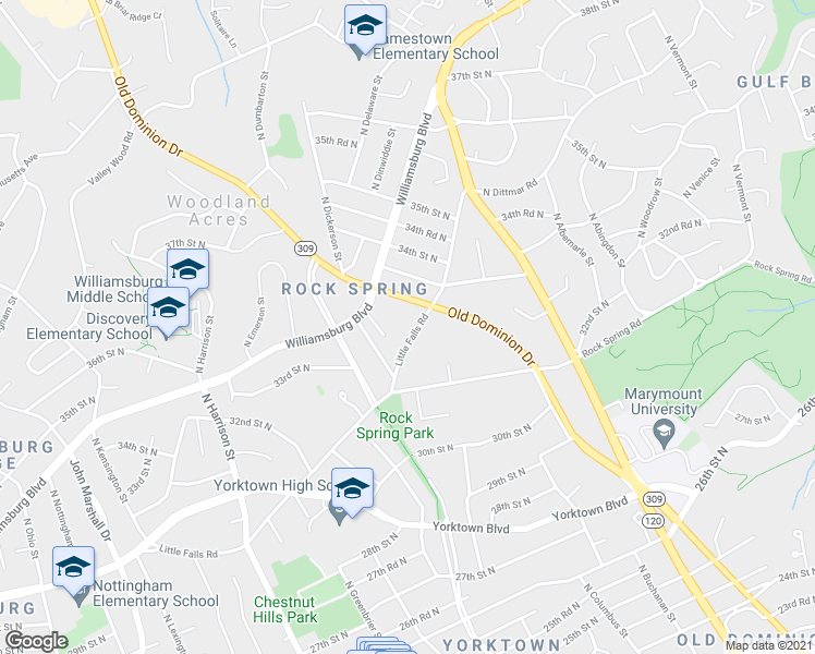 map of restaurants, bars, coffee shops, grocery stores, and more near 4935 Little Falls Road in Arlington