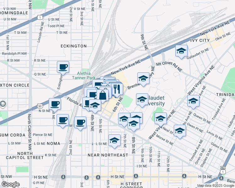 map of restaurants, bars, coffee shops, grocery stores, and more near 1325 5th Street Northeast in Washington