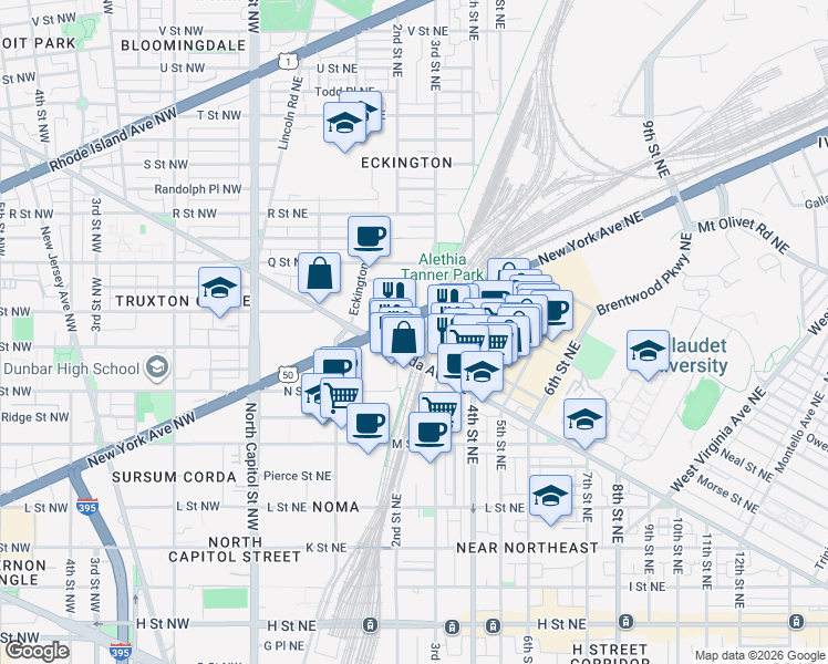 map of restaurants, bars, coffee shops, grocery stores, and more near 200 Florida Avenue Northeast in Washington