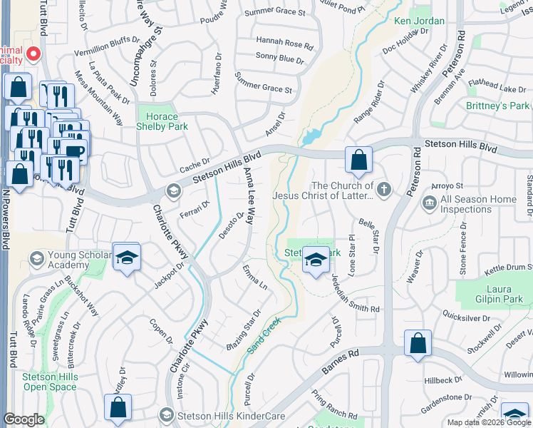 map of restaurants, bars, coffee shops, grocery stores, and more near 6160 Jaffee Court in Colorado Springs