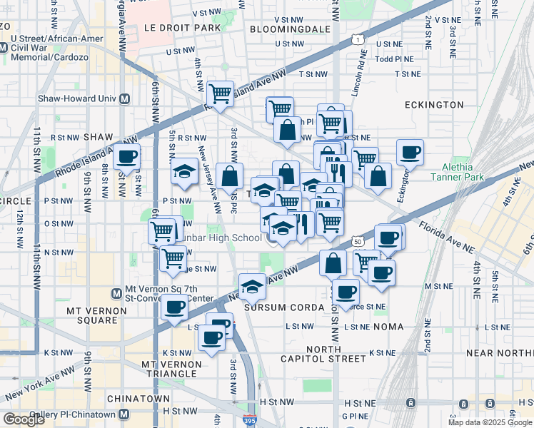 map of restaurants, bars, coffee shops, grocery stores, and more near 1400 1st Street Northwest in Washington