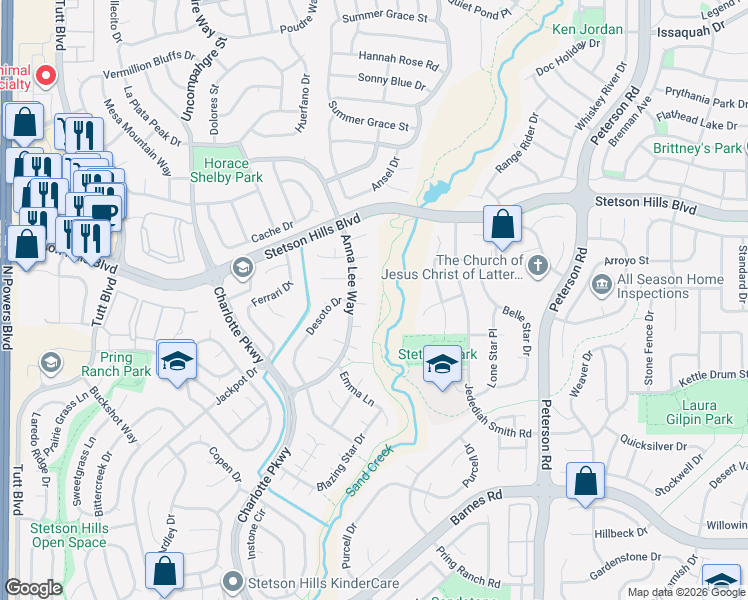 map of restaurants, bars, coffee shops, grocery stores, and more near 6130 Juno Court in Colorado Springs