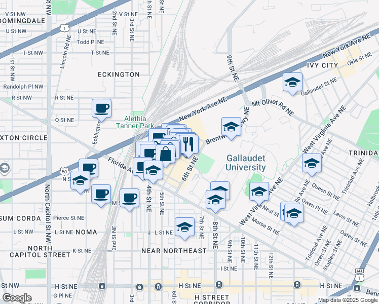 map of restaurants, bars, coffee shops, grocery stores, and more near 101 Independence Avenue Southeast in Washington