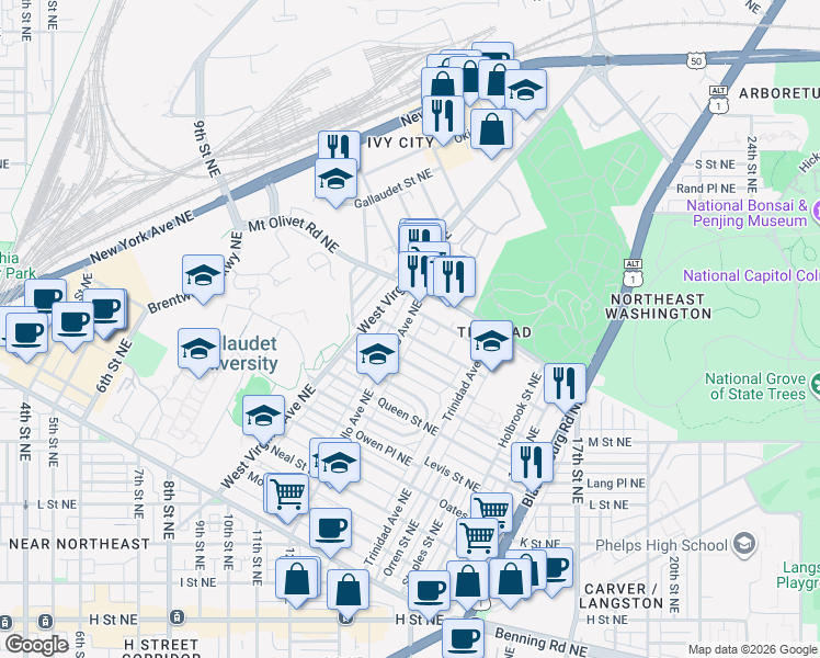 map of restaurants, bars, coffee shops, grocery stores, and more near 101 Independence Avenue Southeast in Washington