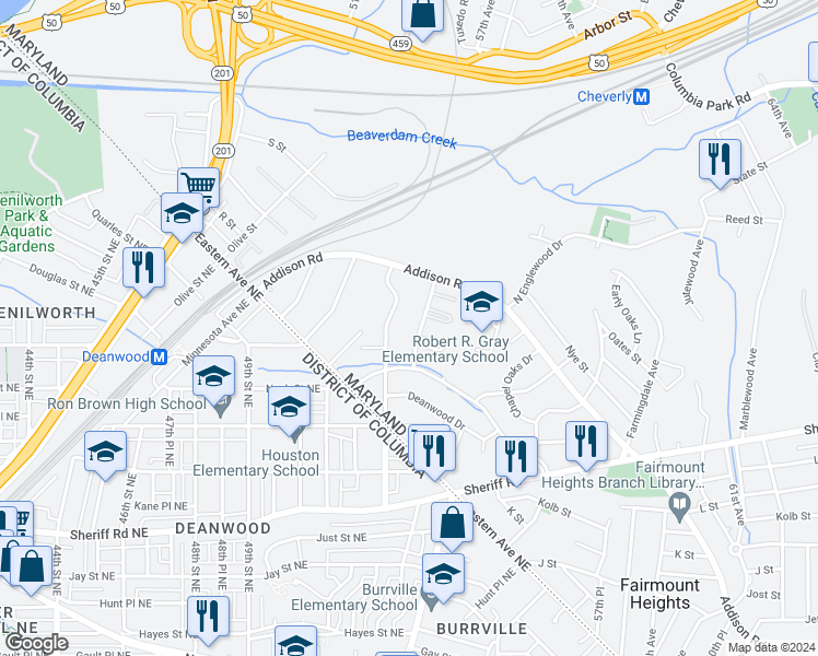 map of restaurants, bars, coffee shops, grocery stores, and more near 1405 Doewood Lane in Capitol Heights
