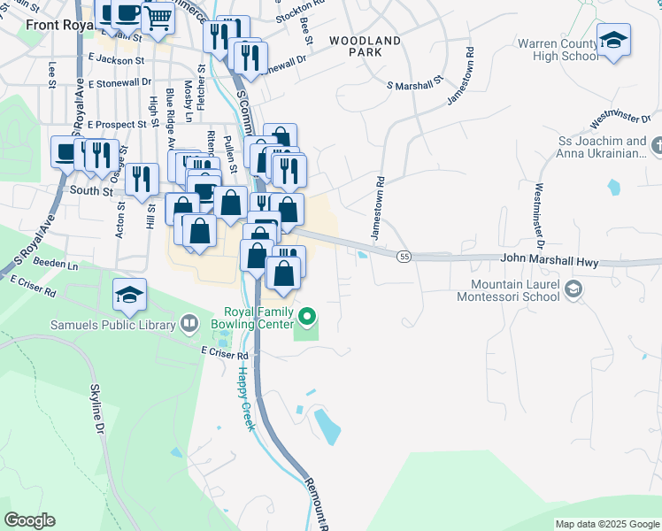 map of restaurants, bars, coffee shops, grocery stores, and more near 31 Royal Lane in Front Royal
