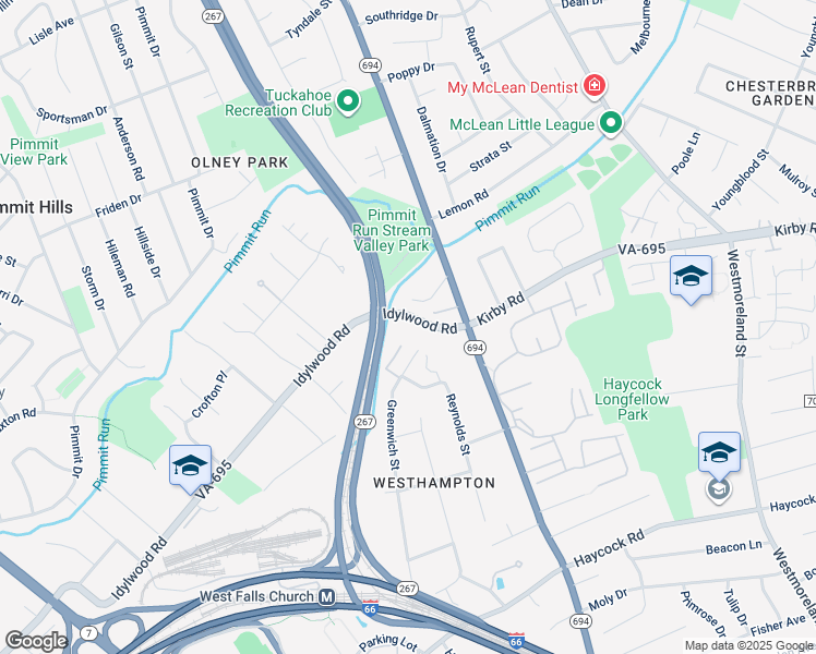 map of restaurants, bars, coffee shops, grocery stores, and more near 6975 Idylwood Road in Falls Church