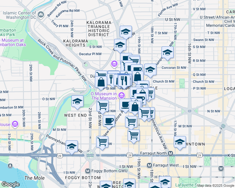 map of restaurants, bars, coffee shops, grocery stores, and more near 1411 21st Street Northwest in Washington