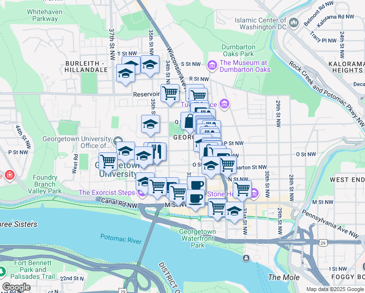 map of restaurants, bars, coffee shops, grocery stores, and more near 3317 P Street Northwest in Washington