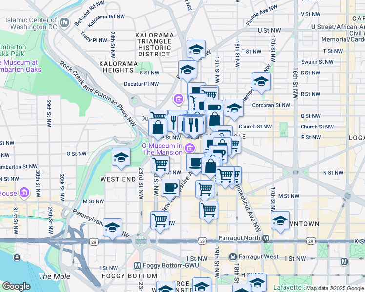 map of restaurants, bars, coffee shops, grocery stores, and more near 1411 21st Street Northwest in Washington