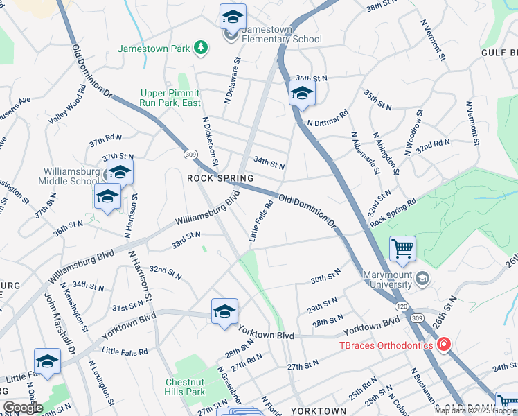 map of restaurants, bars, coffee shops, grocery stores, and more near 4935 Little Falls Road in Arlington