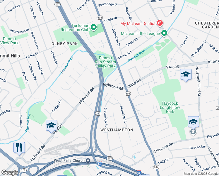 map of restaurants, bars, coffee shops, grocery stores, and more near 6975 Idylwood Road in Falls Church