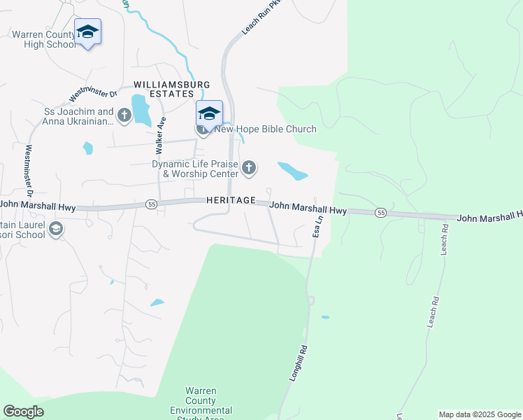 map of restaurants, bars, coffee shops, grocery stores, and more near 7 Colonial Drive in Front Royal
