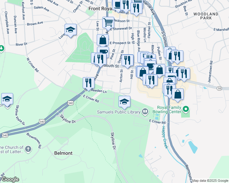 map of restaurants, bars, coffee shops, grocery stores, and more near 646 Carter Street in Front Royal