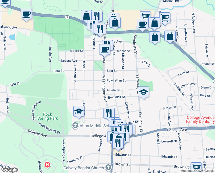 map of restaurants, bars, coffee shops, grocery stores, and more near 2512 Amelia Street in Alton