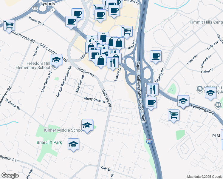 map of restaurants, bars, coffee shops, grocery stores, and more near 8024 Kidwell Hill Court in Vienna