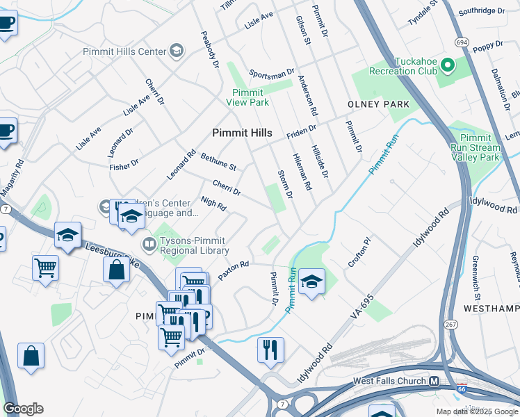 map of restaurants, bars, coffee shops, grocery stores, and more near 2048 Cherri Drive in Falls Church