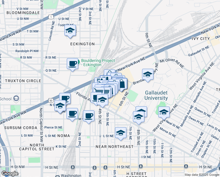 map of restaurants, bars, coffee shops, grocery stores, and more near 1300 4th Street Northeast in Washington