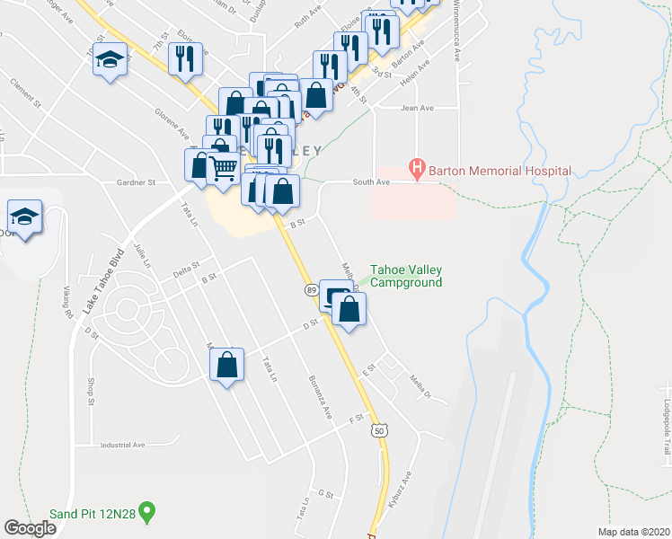 map of restaurants, bars, coffee shops, grocery stores, and more near 1175 Melba Drive in South Lake Tahoe