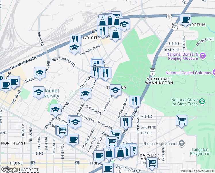 map of restaurants, bars, coffee shops, grocery stores, and more near 101 Independence Avenue Southeast in Washington