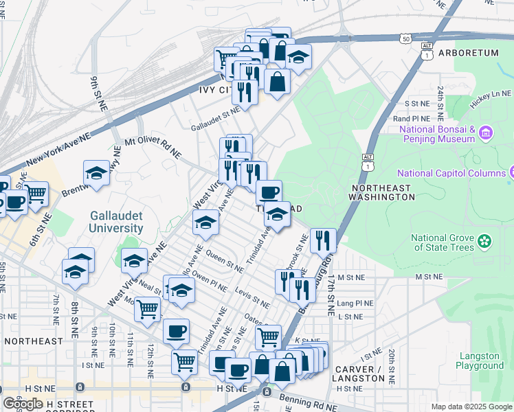 map of restaurants, bars, coffee shops, grocery stores, and more near 101 Independence Avenue Southeast in Washington
