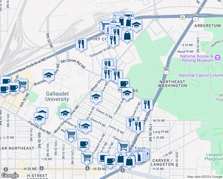 map of restaurants, bars, coffee shops, grocery stores, and more near 101 Independence Avenue Southeast in Washington