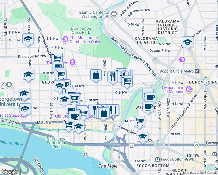 map of restaurants, bars, coffee shops, grocery stores, and more near 2810 P Street Northwest in Washington