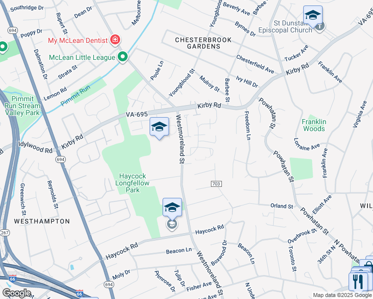 map of restaurants, bars, coffee shops, grocery stores, and more near 6680 Midhill Pl in Falls Church