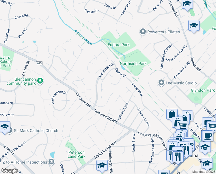 map of restaurants, bars, coffee shops, grocery stores, and more near 9614 Darrow Court in Vienna