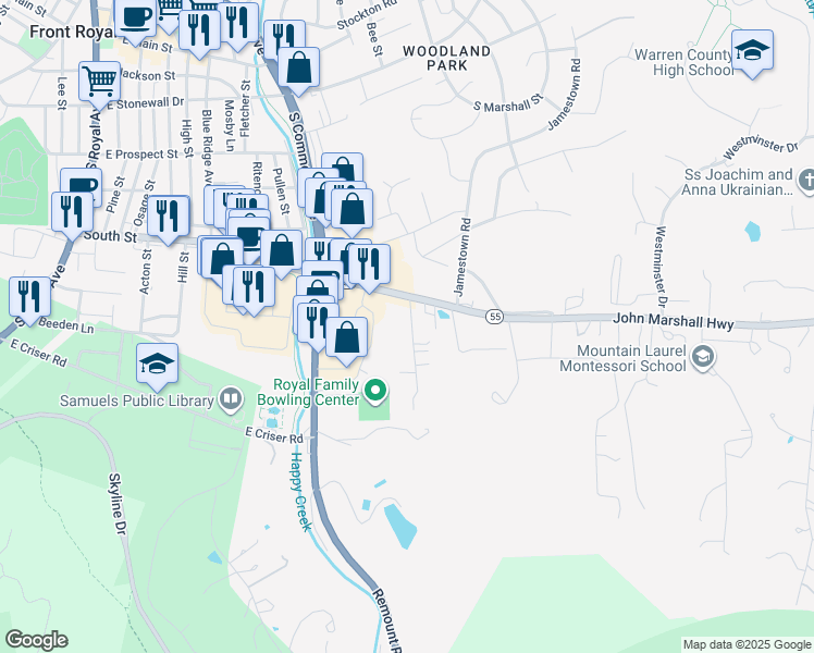 map of restaurants, bars, coffee shops, grocery stores, and more near 31 Royal Lane in Front Royal