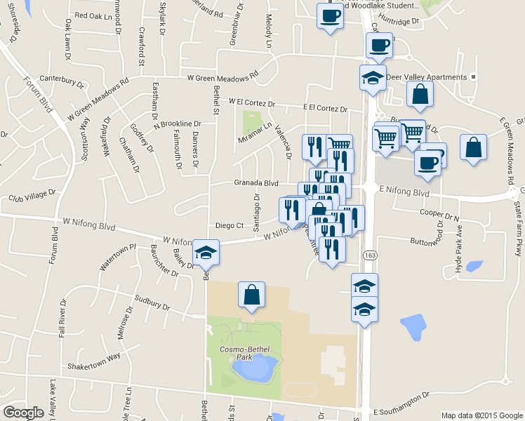 map of restaurants, bars, coffee shops, grocery stores, and more near 107 Diego Court in Columbia