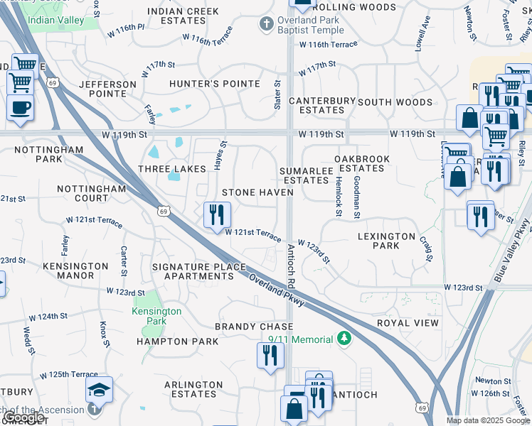map of restaurants, bars, coffee shops, grocery stores, and more near 12114 Slater Street in Overland Park