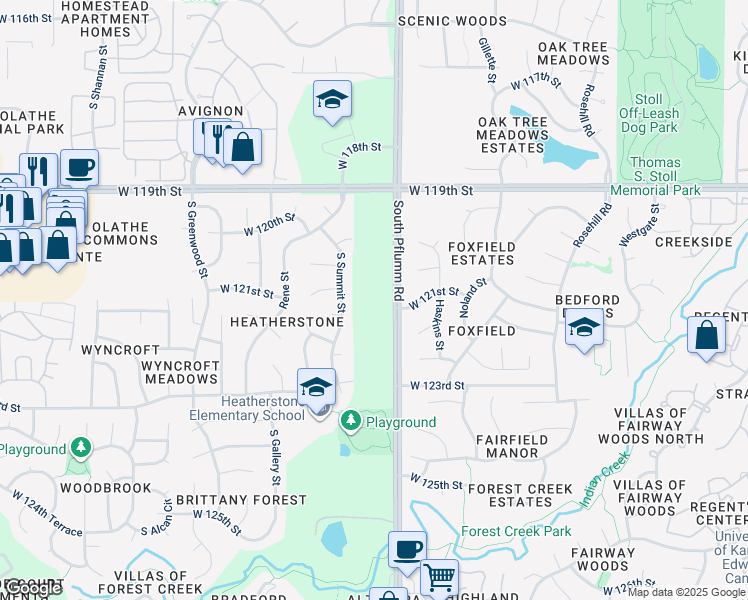 map of restaurants, bars, coffee shops, grocery stores, and more near 12100 South Pflumm Road in Olathe