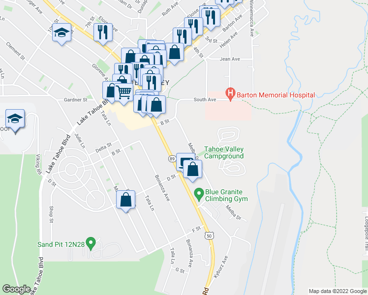 map of restaurants, bars, coffee shops, grocery stores, and more near 1154 Melba Drive in South Lake Tahoe