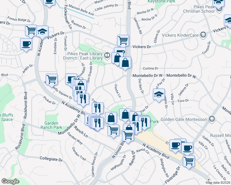map of restaurants, bars, coffee shops, grocery stores, and more near 5320 Fiesta Lane in Colorado Springs