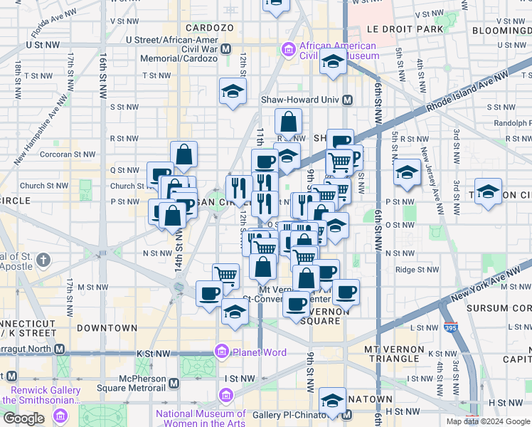 map of restaurants, bars, coffee shops, grocery stores, and more near 1425 11th Street Northwest in Washington