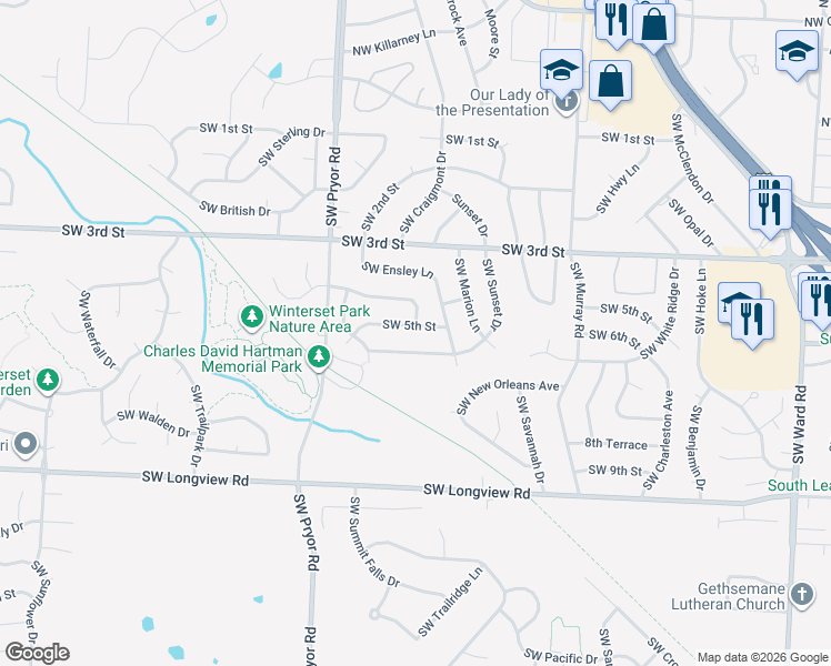 map of restaurants, bars, coffee shops, grocery stores, and more near 428 Southwest Sunset Drive in Lee's Summit