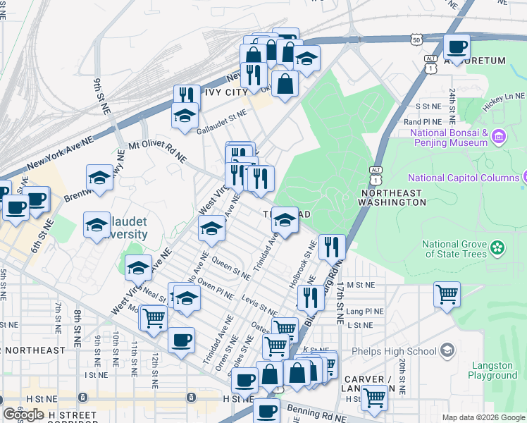 map of restaurants, bars, coffee shops, grocery stores, and more near 101 Independence Avenue Southeast in Washington