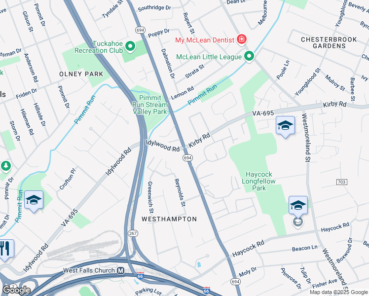 map of restaurants, bars, coffee shops, grocery stores, and more near Kirby Rd & Great Falls St in McLean