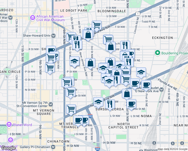 map of restaurants, bars, coffee shops, grocery stores, and more near 1419 3rd Street Northwest in Washington